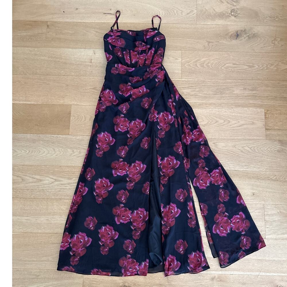 Azazie Maxi Dress Sleeveless Floral Angee Sizer US 4 Black Pink